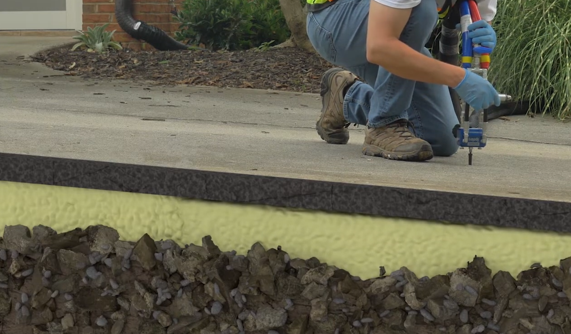 Polyurethane foam expanding to fill the void under a sunken concrete slab